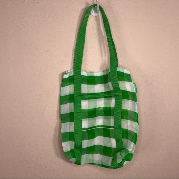 OLD NAVY GREEN WHITE REUSABLE BAG BEACH CHECKERED PLAID LIGHTWEIGHT BEACH - Picture 3 of 8